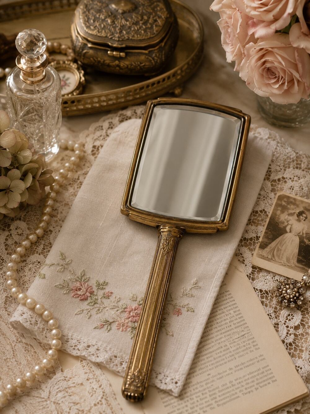Vintage Ornate Hand Mirror Floral Needlepoint French Provincial Vanity